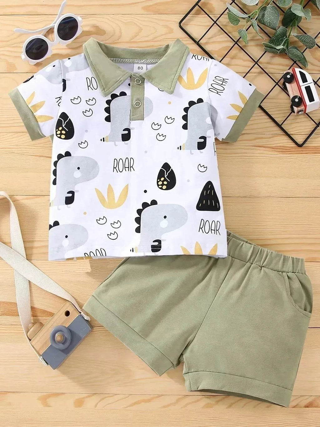 Boy's Little Dinosaur Lapel Cotton Short Sleeve Top Short Pants Suit Two piece for boys. - www.Shopthatapp.com
