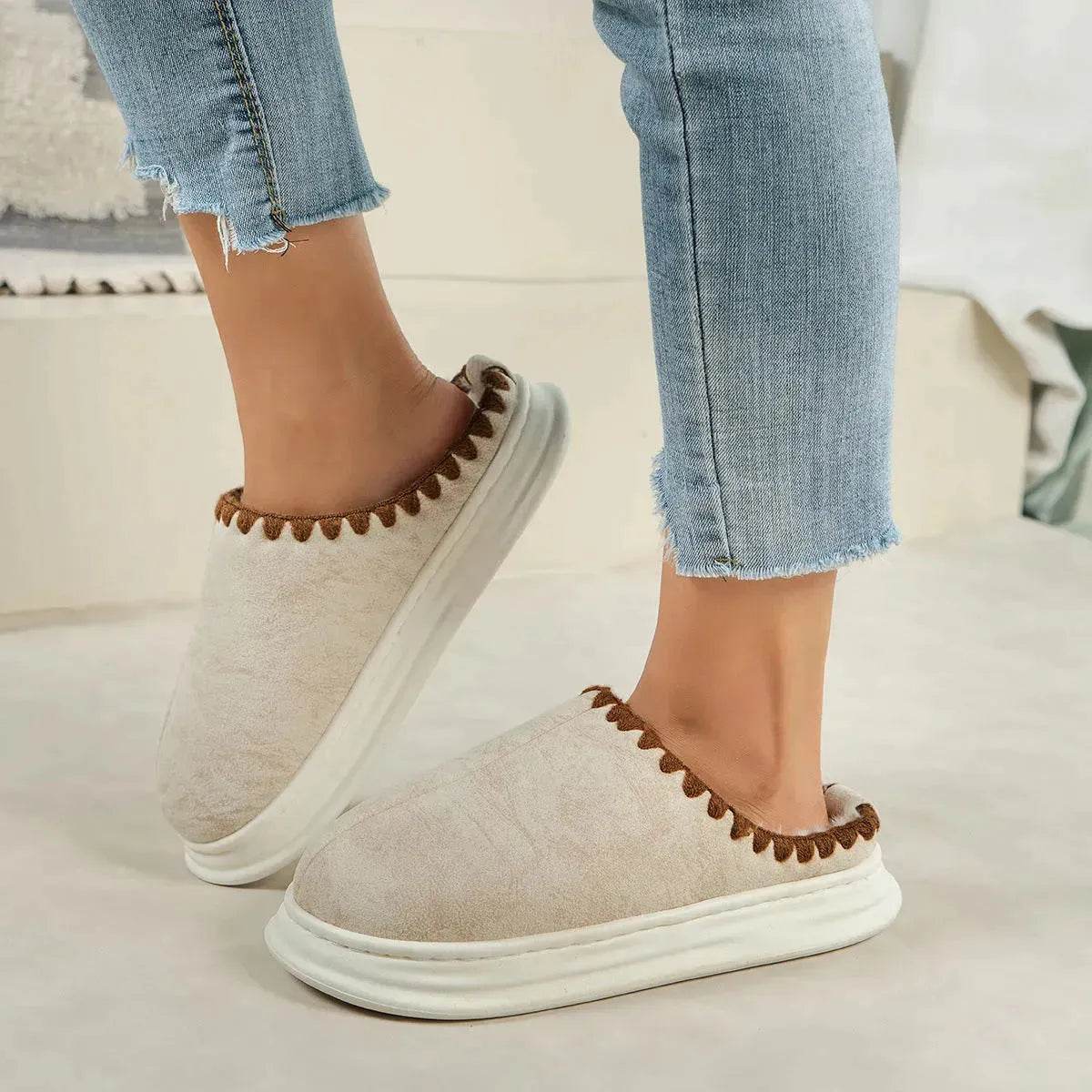 Winter Fashion Cotton Slippers With Sewing-side Design Indoor Non-slip Bedroom Floor Plush Slipper House Shoes Women Couple - www.Shopthatapp.com