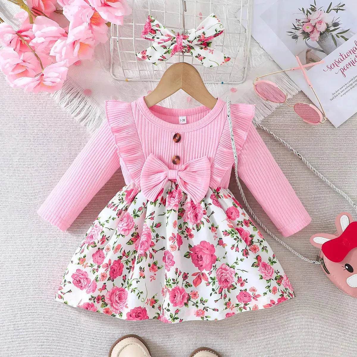 Newborn baby girl Winter floral Printed Bow Dress Suit Baby girl Dress outwear for girls plus head bowtie Baby girl pink dress - www.Shopthatapp.com