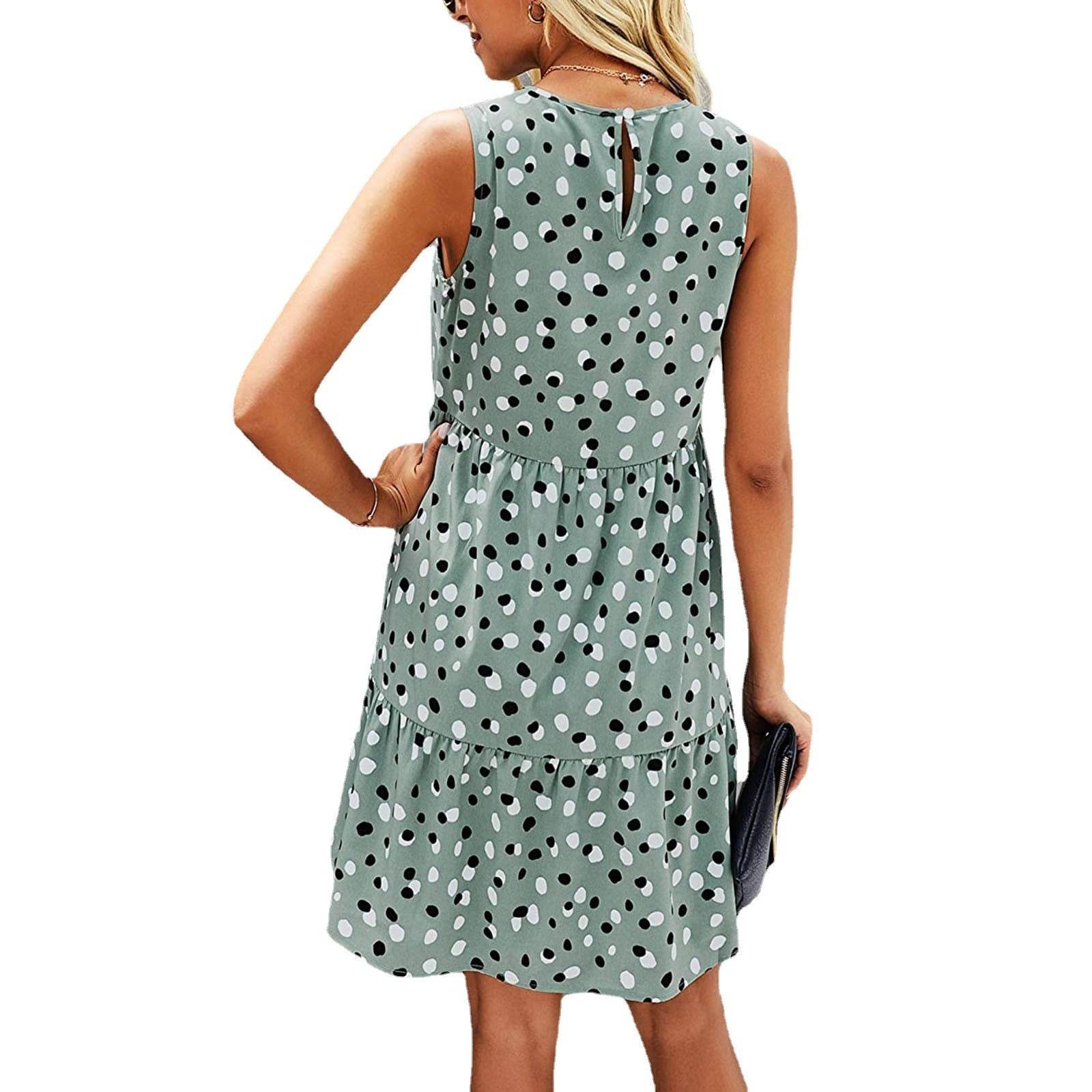 Women Summer Dot Print Sleeveless Loose Swing T-Shirt Dress With Pocket Casual Tank Mini Dresses Sundress - www.Shopthatapp.com