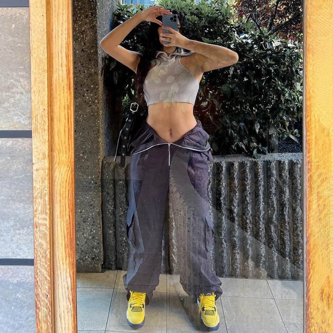 Solid Color High-waisted Zipper V Loose Straight Pocket Street fashion Cargo Pants Women - www.Shopthatapp.com