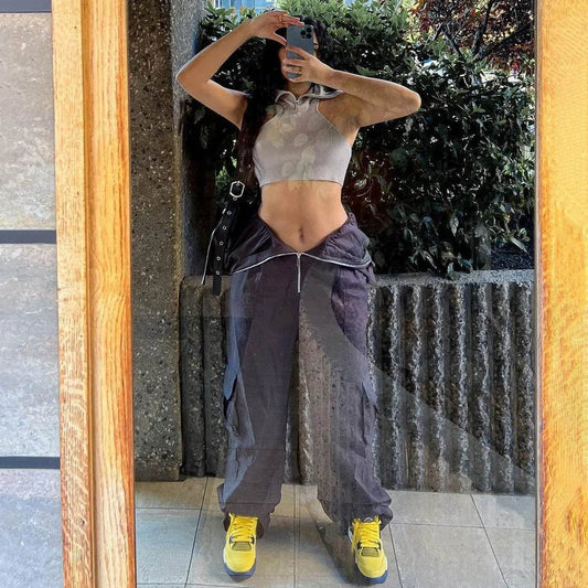 Solid Color High-waisted Zipper V Loose Straight Pocket Street fashion Cargo Pants Women - www.Shopthatapp.com