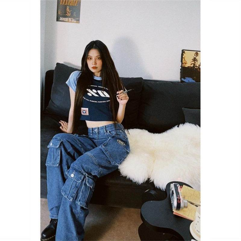 Blue Denim Pant Baggy Boyfriend Cargo Jeans for Women - www.Shopthatapp.com