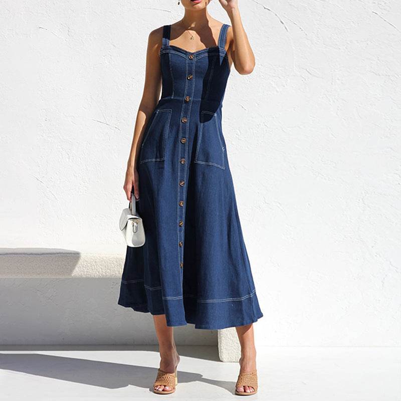 Women Sleeveless Sling Distressed Casual Style Button Denim Long Dress - www.Shopthatapp.com