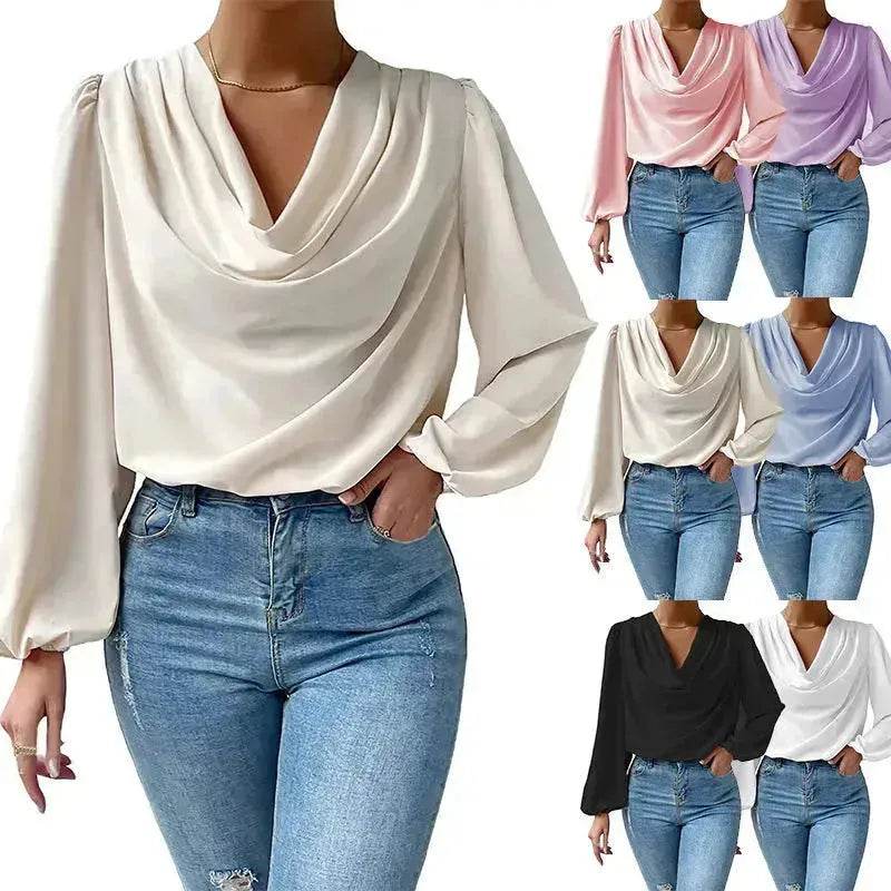 Casual Evening Top for Women Long-sleeved Shirt Loose V-neck chiffon blouse Top women - www.Shopthatapp.com