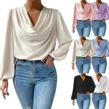 Casual Evening Top for Women Long-sleeved Shirt Loose V-neck chiffon blouse Top women - www.Shopthatapp.com