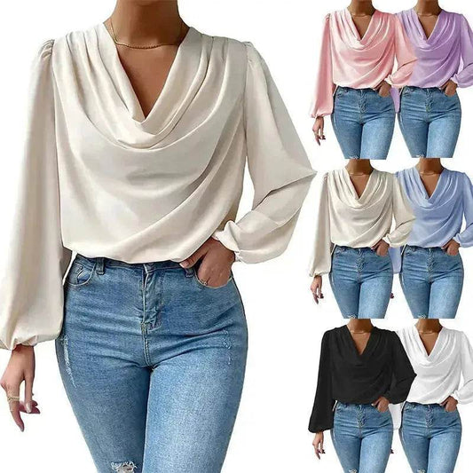 Casual Evening Top for Women Long-sleeved Shirt Loose V-neck chiffon blouse Top women - www.Shopthatapp.com