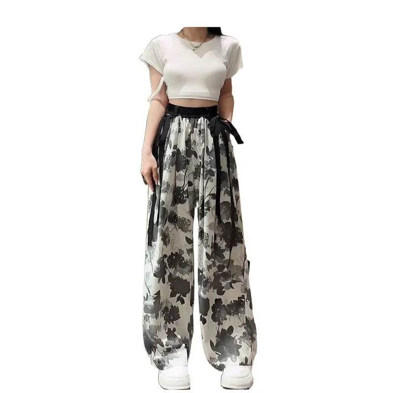 New Painting Ice Silk Wide-leg Baggy Trouser Pants Summer Women - www.Shopthatapp.com