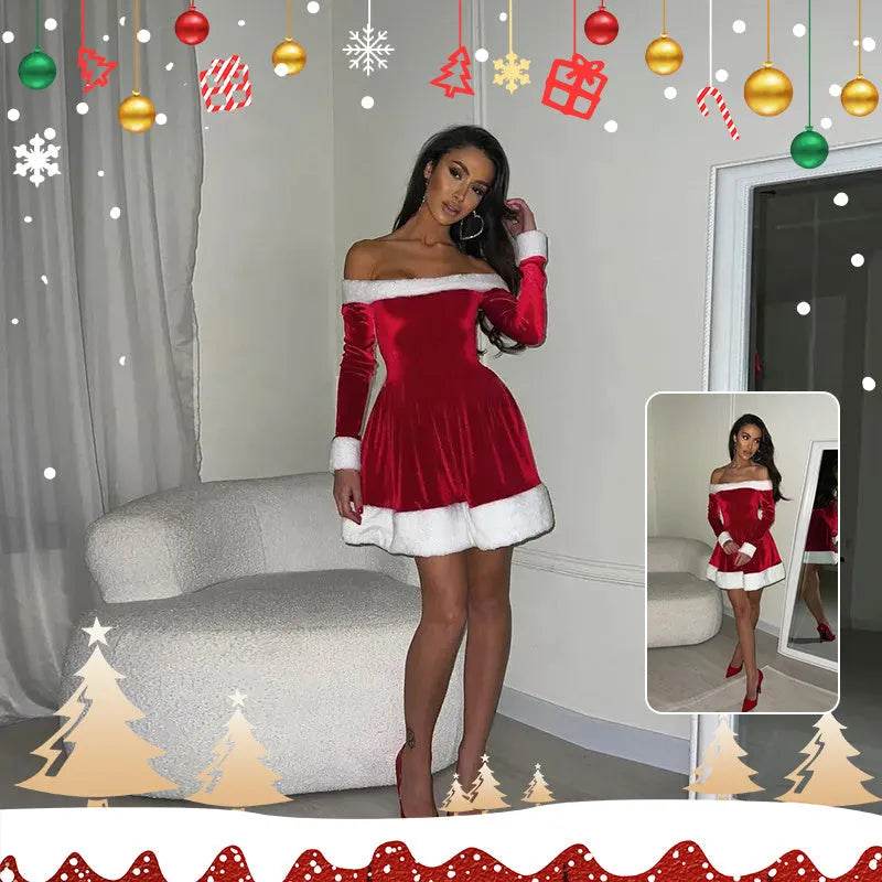 Women's Christmas Costume Santa Dress Plush Trim Boat-Neck Off-Shoulder Sleeve Dress New Year Party Cosplay Costume - www.Shopthatapp.com