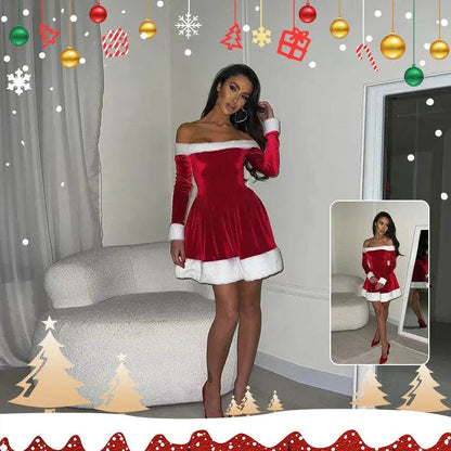 Women's Christmas Costume Santa Dress Plush Trim Boat-Neck Off-Shoulder Sleeve Dress New Year Party Cosplay Costume - www.Shopthatapp.com