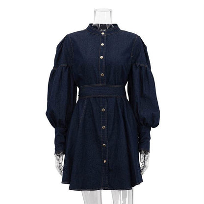 Classy Fashion Lantern Sleeve Button down Denim Shirt flared Mini Dress - www.Shopthatapp.com