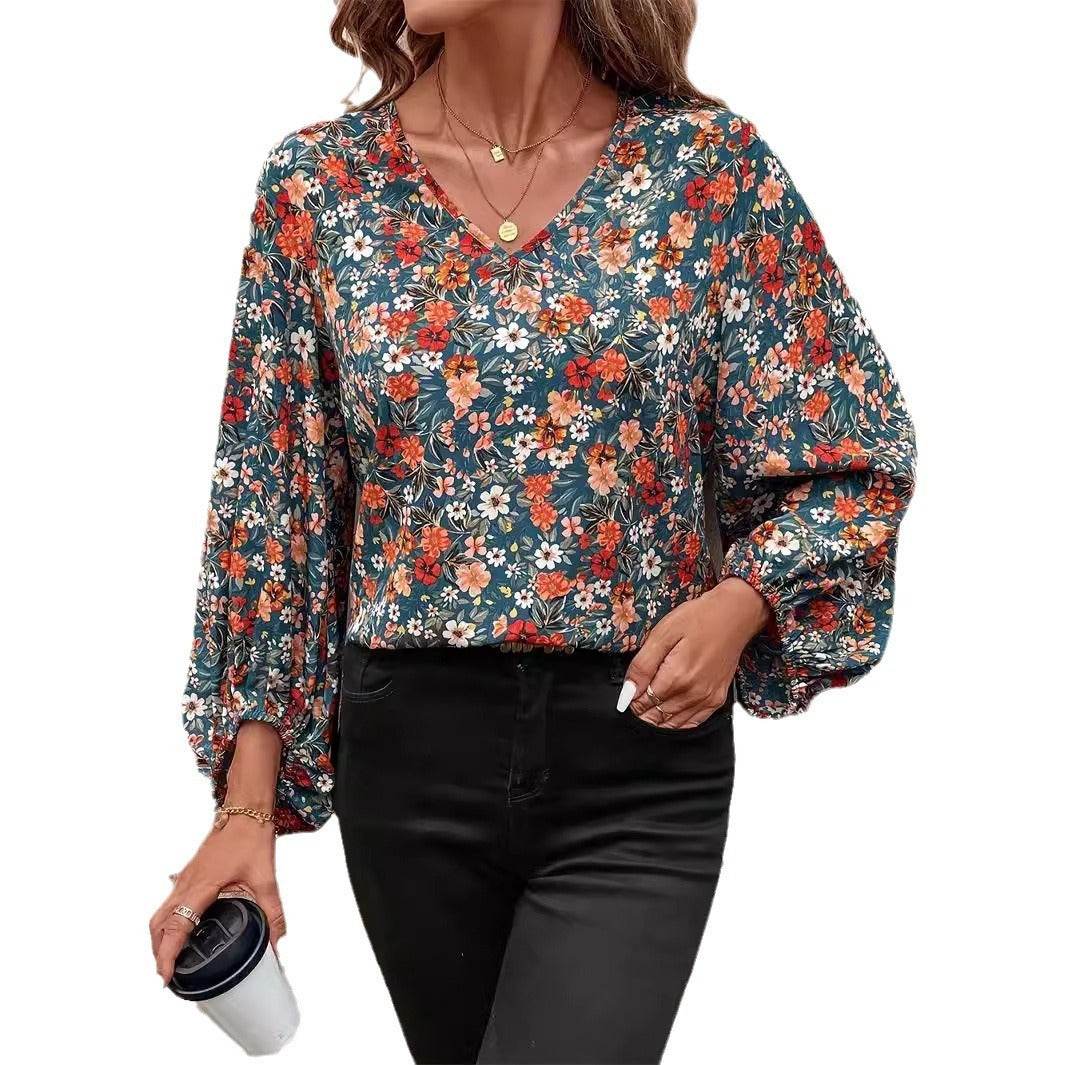 Women's V-neck Lantern Long Sleeve Shirt Autumn casual blouse top - www.Shopthatapp.com