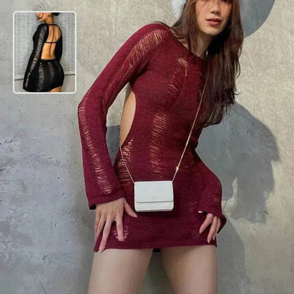 Women Fashion Slim Fit Hollow Long Sleeve Dress Y2K Charming Backless Hip-hugging Short Mini Suspender Dresses for Club Party - www.Shopthatapp.com
