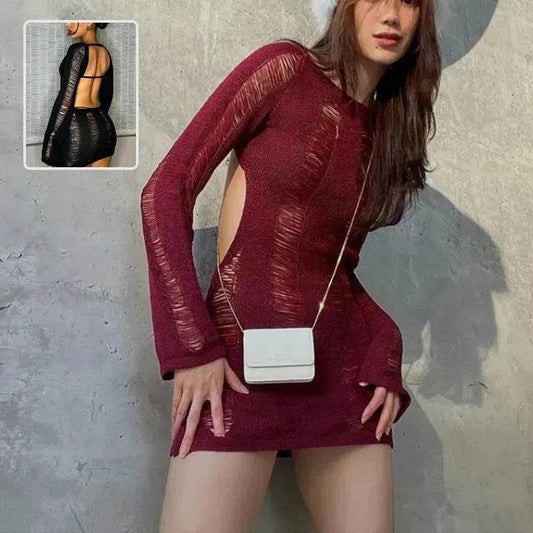 Women Fashion Slim Fit Hollow Long Sleeve Dress Y2K Charming Backless Hip-hugging Short Mini Suspender Dresses for Club Party - www.Shopthatapp.com