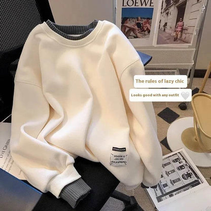 Women Round-neck With Fleece Lining Thick Fake Two Pieces Long Sleeve Loose Hoodie Sweatshirt - www.Shopthatapp.com