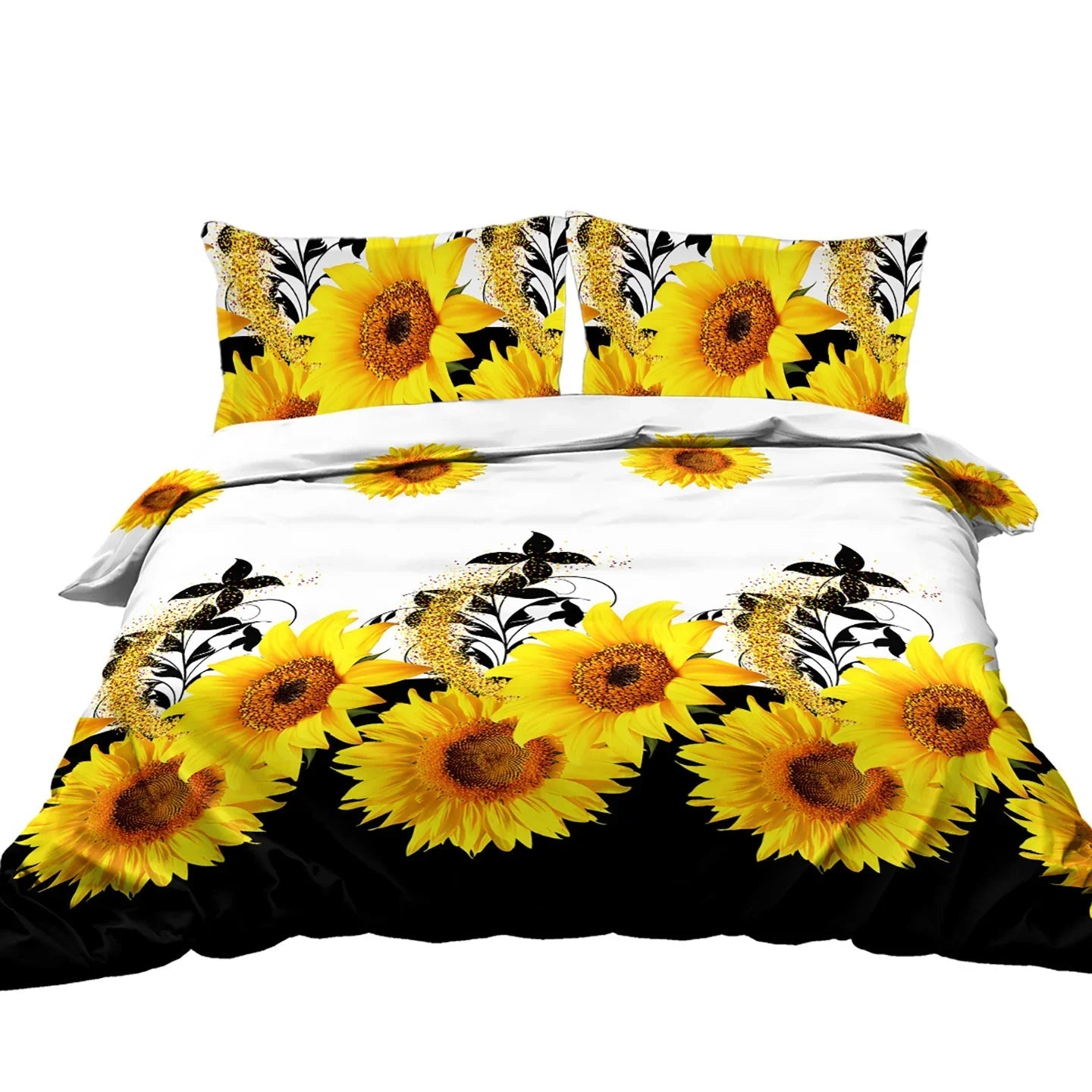 3 Pieces Black And White Background Sunflower Duvet Cover Set Yellow Flower Polyester Bedding Set For Adults Bedroom Decor Twin Full Queen King Size - www.Shopthatapp.com