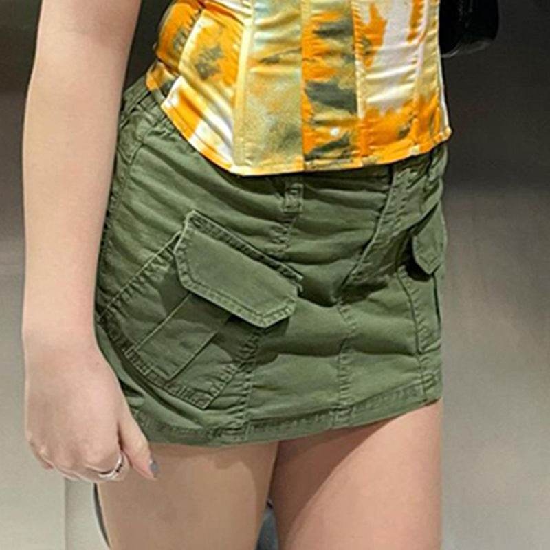 Simple Tooling Style Pocket Army Green Woven Hot Girl A- Line Mini Hip Cargo Skirt Summer - www.Shopthatapp.com