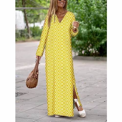 Summer Geometric Printed V-neck Long Dress Fashion Long Sleeve Slit Dresses For Women - www.Shopthatapp.com