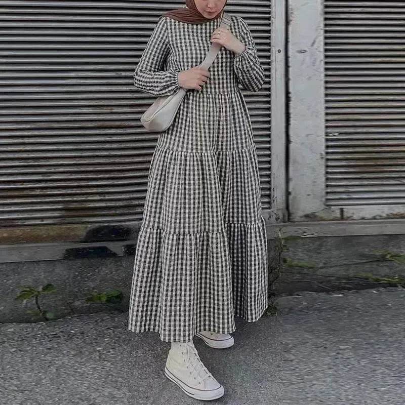 Middle East Plaid Long Sleeve Elastic Sleeve Round Neck Loose Waist Casual Dress Checked Casual dress for Arabfor Women - www.Shopthatapp.com