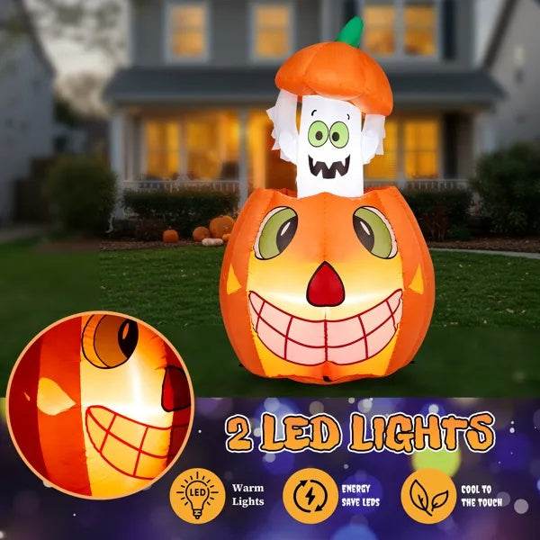 2.8 FT Halloween Inflatables Animated Pumpkin Ghost, Outdoor Decorations Blow Up Yard Decor With Built-in LEDs For Indoor Party Garden Lawn Decor - www.Shopthatapp.com