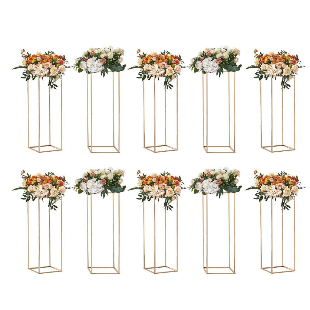 10PCS 31.5inch High Wedding Flower Stand, With Acrylic Laminate,Metal Vase Column Geometric Centerpiece Stands, Gold Rectangular Floral Display Rack For Events Reception, Party Decoration - www.Shopthatapp.com