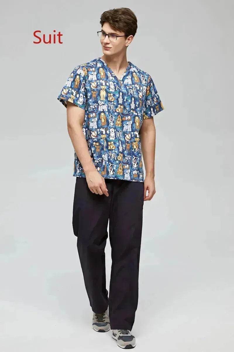 Surgical Gown Printed V-neck Pet Doctor Beauty Hospital Work Clothes Flower Dog Blue - www.Shopthatapp.com