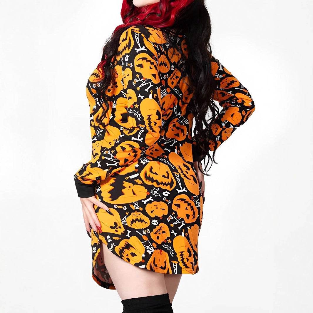 Halloween Printed Round Neck Long Sleeve Plus Size Dress - www.Shopthatapp.com