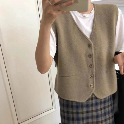Women Sleeveless V-neck Button Down Knitted Vest Cardigan - www.Shopthatapp.com