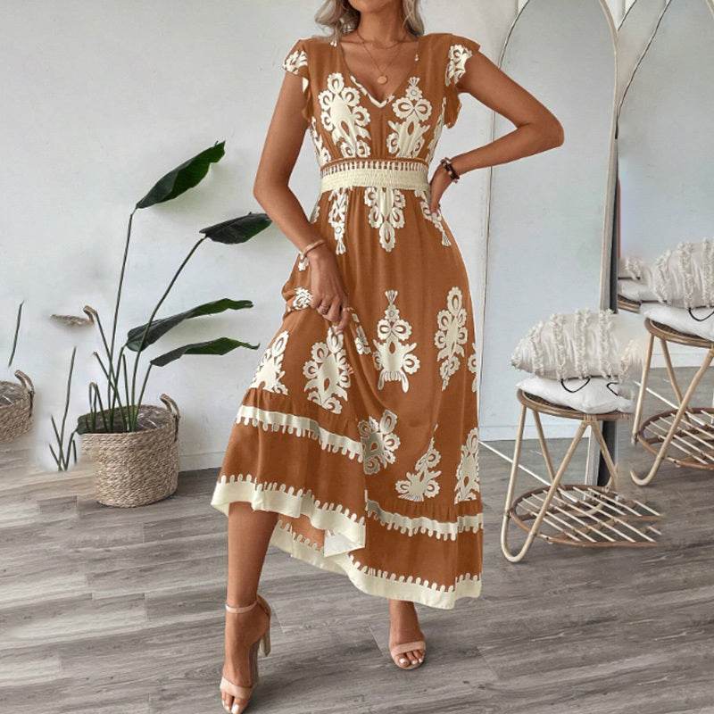 Women's Summer Flowy Maxi Dress Casual Cap Sleeve V Neck Smocked Waist Beach Sundress - www.Shopthatapp.com