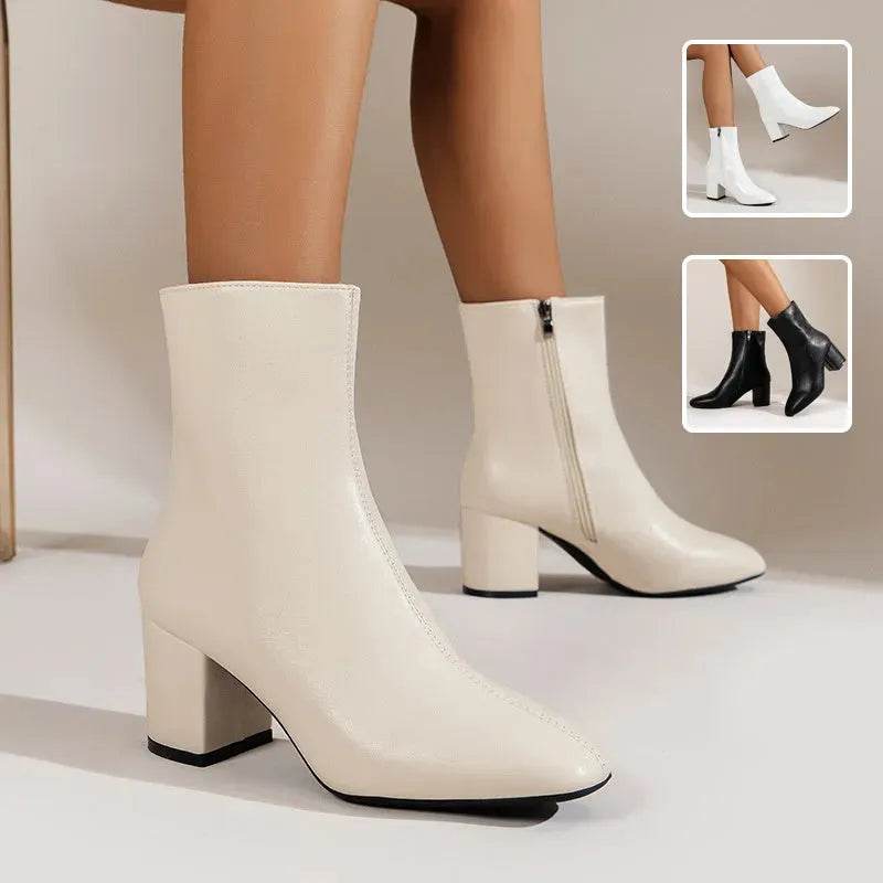 Winter Chunky Heel Pointed Toe Boots With Side Zipper Fashion Mid-calf Boot For Women Shoes - www.Shopthatapp.com