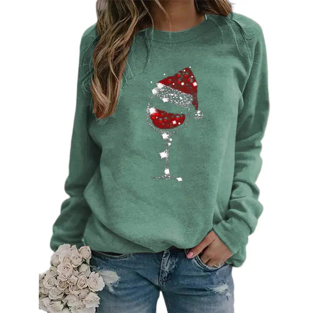 Clothing Christmas Women's Sweater Christmas Hat Red Wine Glass Graphic Print Crew Neck Long-sleeved Sweater - www.Shopthatapp.com