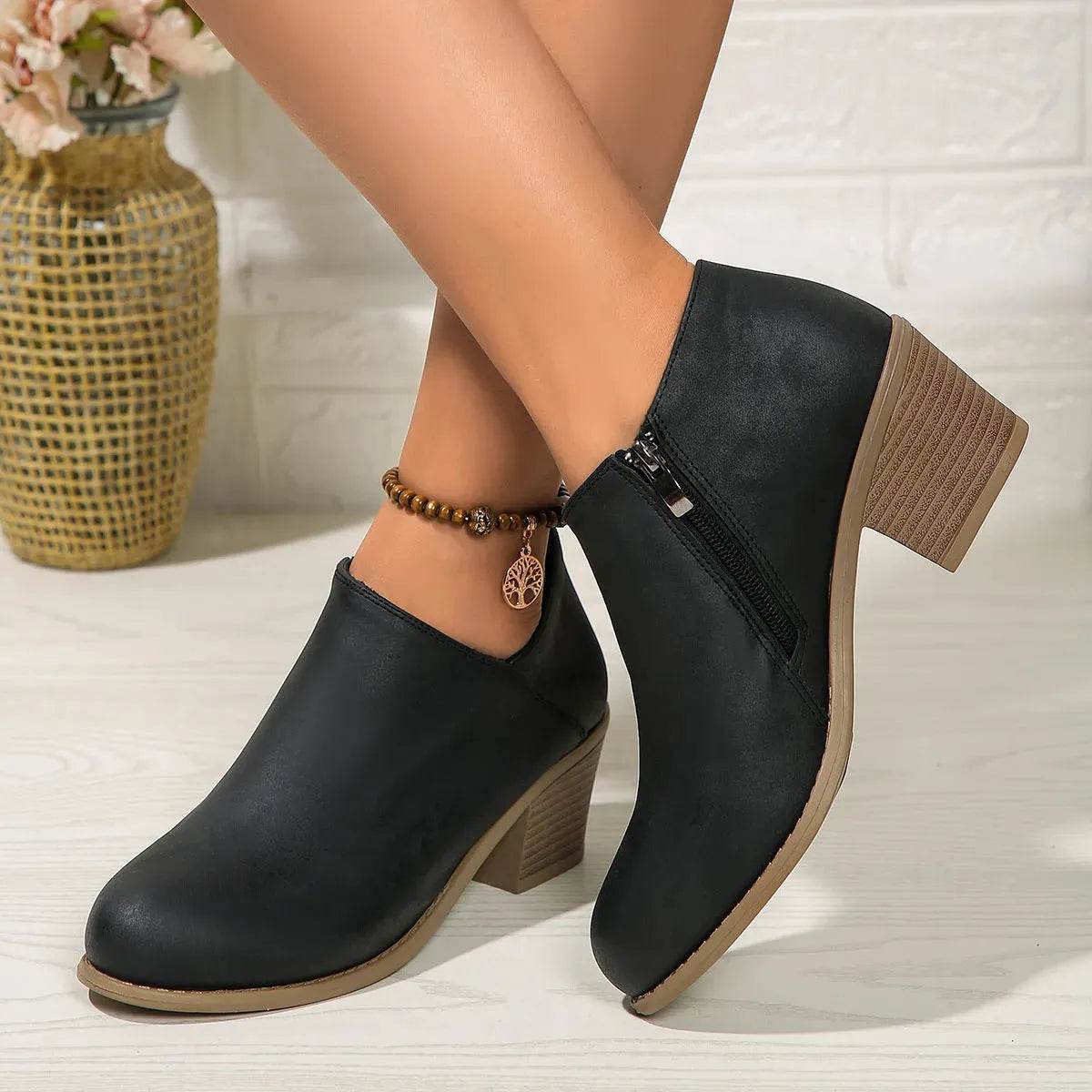 Chunky Heel Round Toe Ankle Boots With Side Zipper Design Fashion Fall Winter Short Boots For Women Shoes - www.Shopthatapp.com