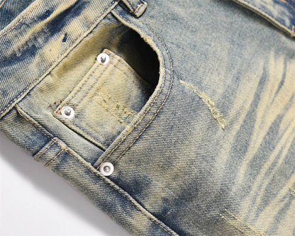 Distressed Scratches Denim Straight-leg Pants Men Jeans - www.Shopthatapp.com