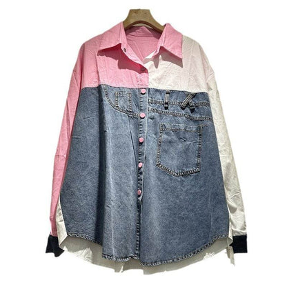 High-grade Contrast Color Patchwork Cotton Denim Long Sleeve Loose Shirt Women - www.Shopthatapp.com