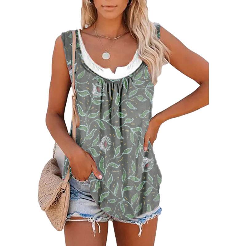 Casual Spring And Summer Tops Printed Sleeveless Pleating Vest T-shirt For Women - www.Shopthatapp.com