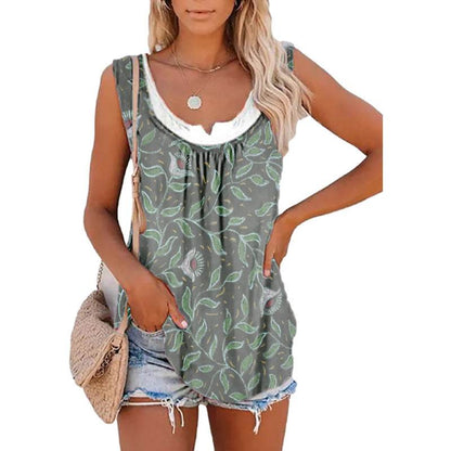 Casual Spring And Summer Tops Printed Sleeveless Pleating Vest T-shirt For Women - www.Shopthatapp.com