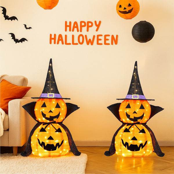 2Packs 3FT Halloween Collapsible Lighted Pumpkin Decoration, 176 LED Pop-Up Pumpkin Lamp With Cape, Plug In Halloween Jack-O-Lantern With Metal Stand For Indoor Outdoor Garden Patio Party Decor - www.Shopthatapp.com