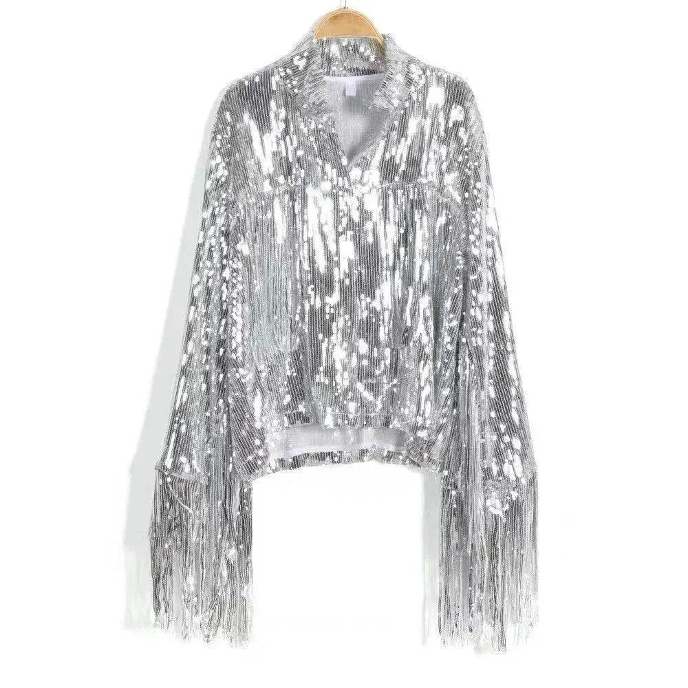 Women Fashion Long sleeve Tassel Sequin top jacket Y2K cropped jacket - www.Shopthatapp.com
