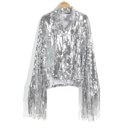 Women Fashion Long sleeve Tassel Sequin top jacket Y2K cropped jacket - www.Shopthatapp.com