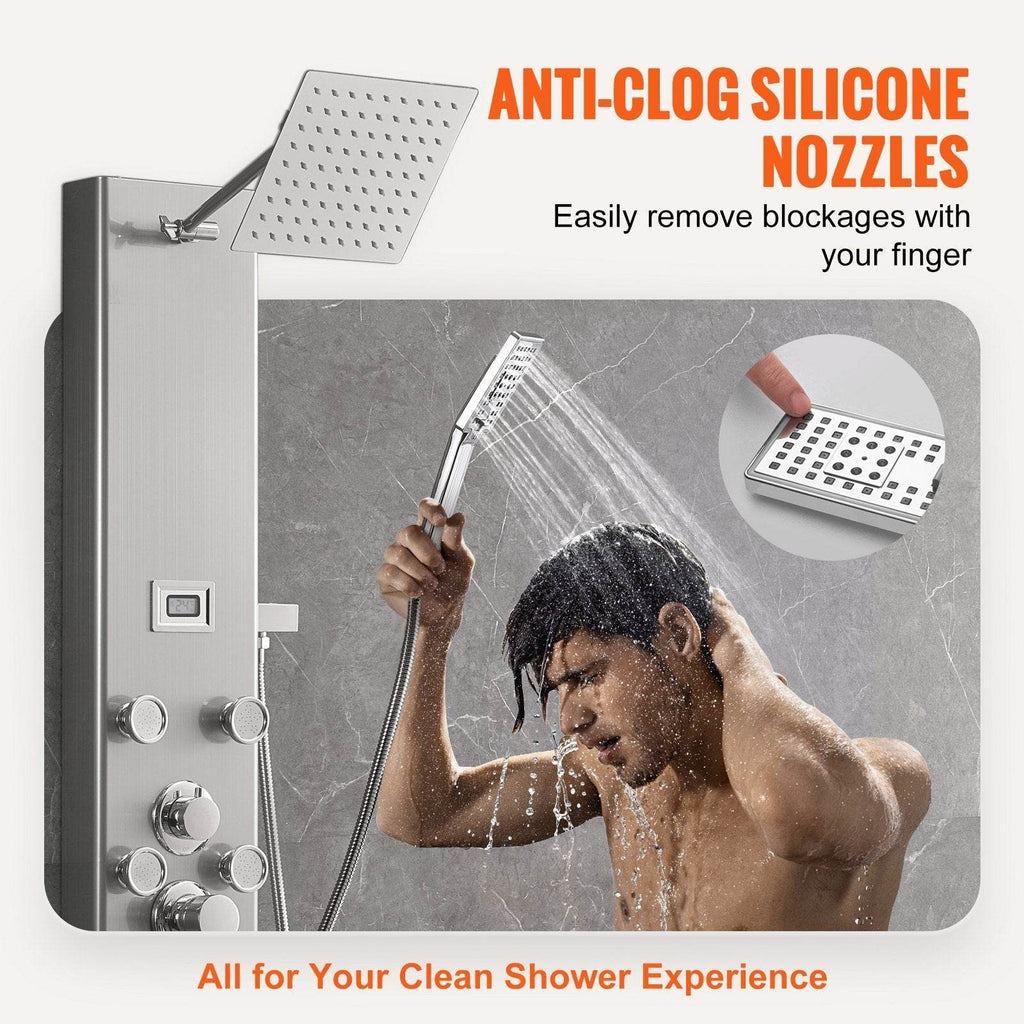 Shower Panel System, 5 Shower Modes, Digital Display Shower Panel Tower, Rainfall, 8 Massage Jets, Tub Spout, 3-Setting Handheld Shower Head 59 Hose, Stainless Steel Wall-Mounted Shower Set - www.Shopthatapp.com