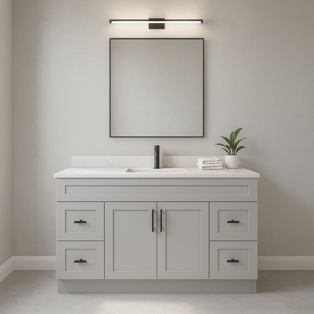 60-Inch Single Sink Shaker Bathroom Vanity — White or Gray | Plywood Cabinet, Solid-Wood Doors, Soft-Close 3-Way Clip-On Hinges | 4 Drawers, Center Double Doors - www.Shopthatapp.com
