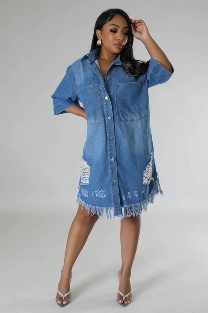Women's Fashion 3/4 sleeve Mid Length loose Denim Jeans Dress - www.Shopthatapp.com