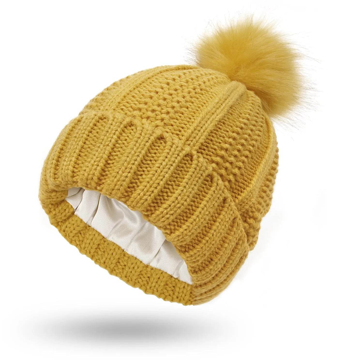 Stretchy Satin Lined Skull Knit  Faux Fur Pom Pom Beanie Hat - www.Shopthatapp.com