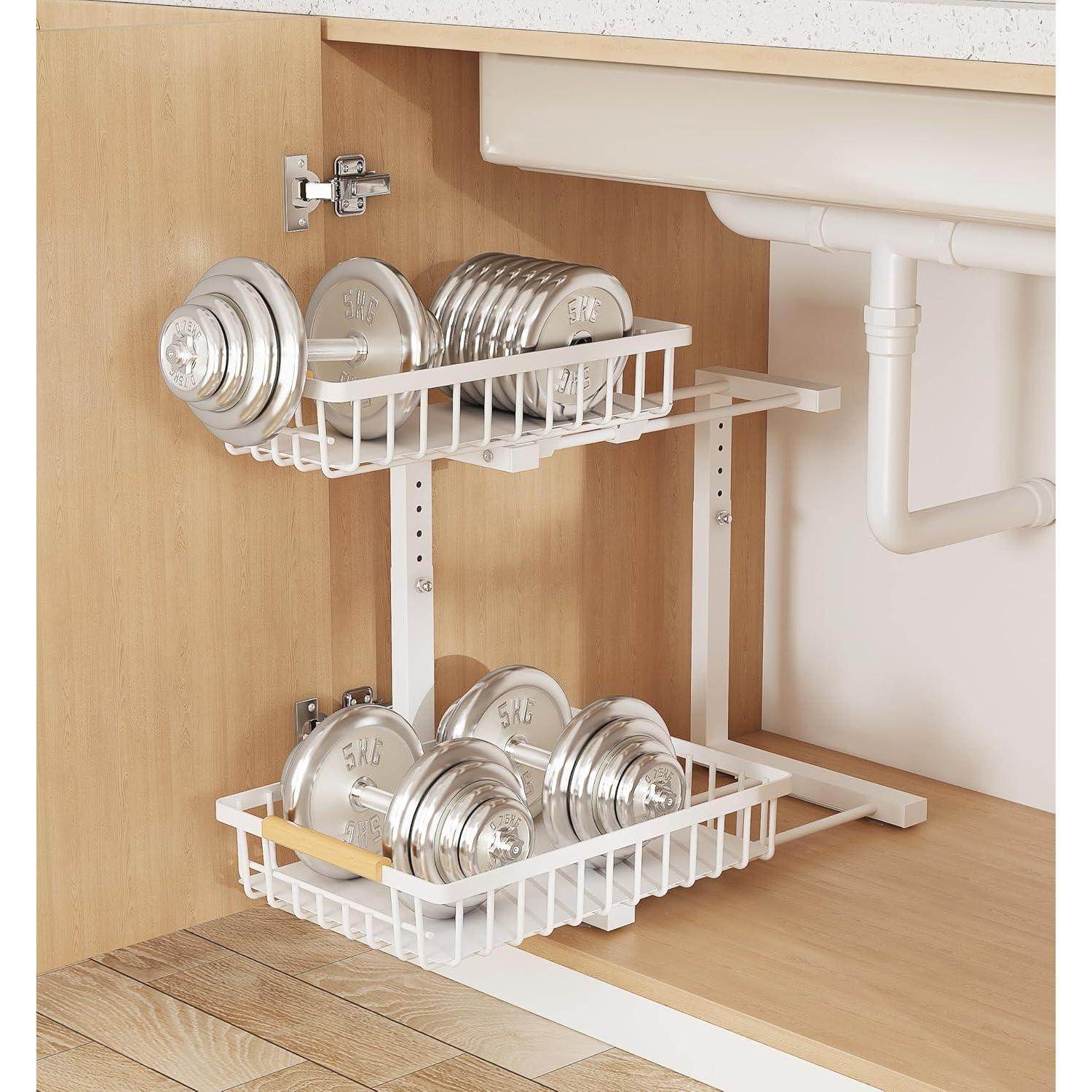 Metal Adjustable Height Two-Tier Drawer Kitchen Bathroom Under Sink Storage Rack - www.Shopthatapp.com