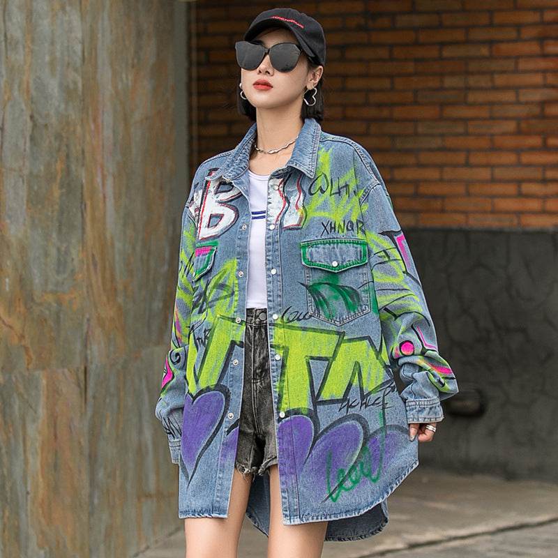 Oversized Graffiti Print Denim Jacket Women Loose Fried Street fashion - www.Shopthatapp.com