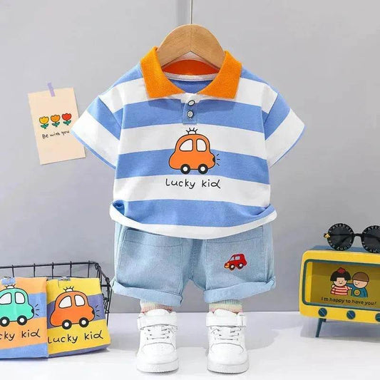 Boys' Summer Short Sleeve Korean Style Lapel Polo Shirt and Short Pant Two piece for boys - www.Shopthatapp.com