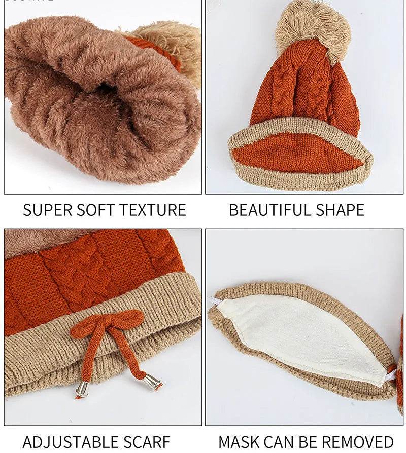 Winter Hat For Women 3pcs Knitted Beanie Hat Scarf Set Warm Hat - www.Shopthatapp.com