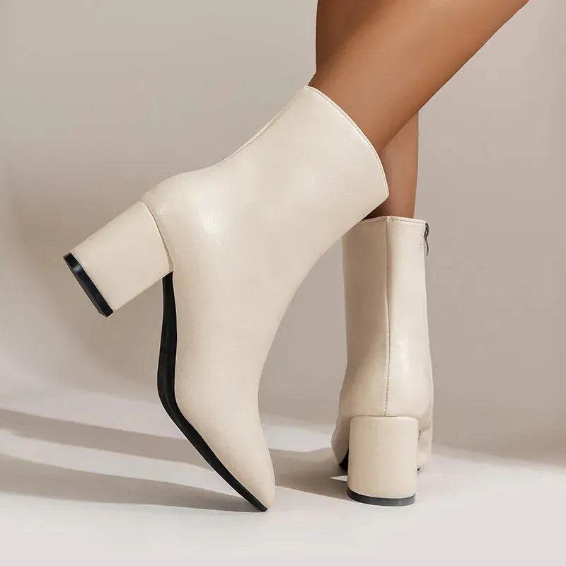 Winter Chunky Heel Pointed Toe Boots With Side Zipper Fashion Mid-calf Boot For Women Shoes - www.Shopthatapp.com