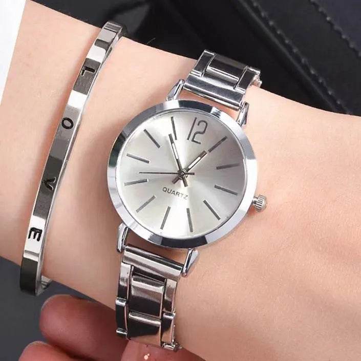 2pcs Narrow Strap Steel Strap Bracelet and  Quartz Watch women - www.Shopthatapp.com