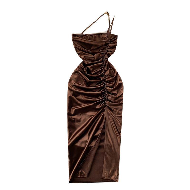 Elegant Women Sleeveless One shoulder Drawstring Satin Dress for Party, Wedding, Cocktail - www.Shopthatapp.com